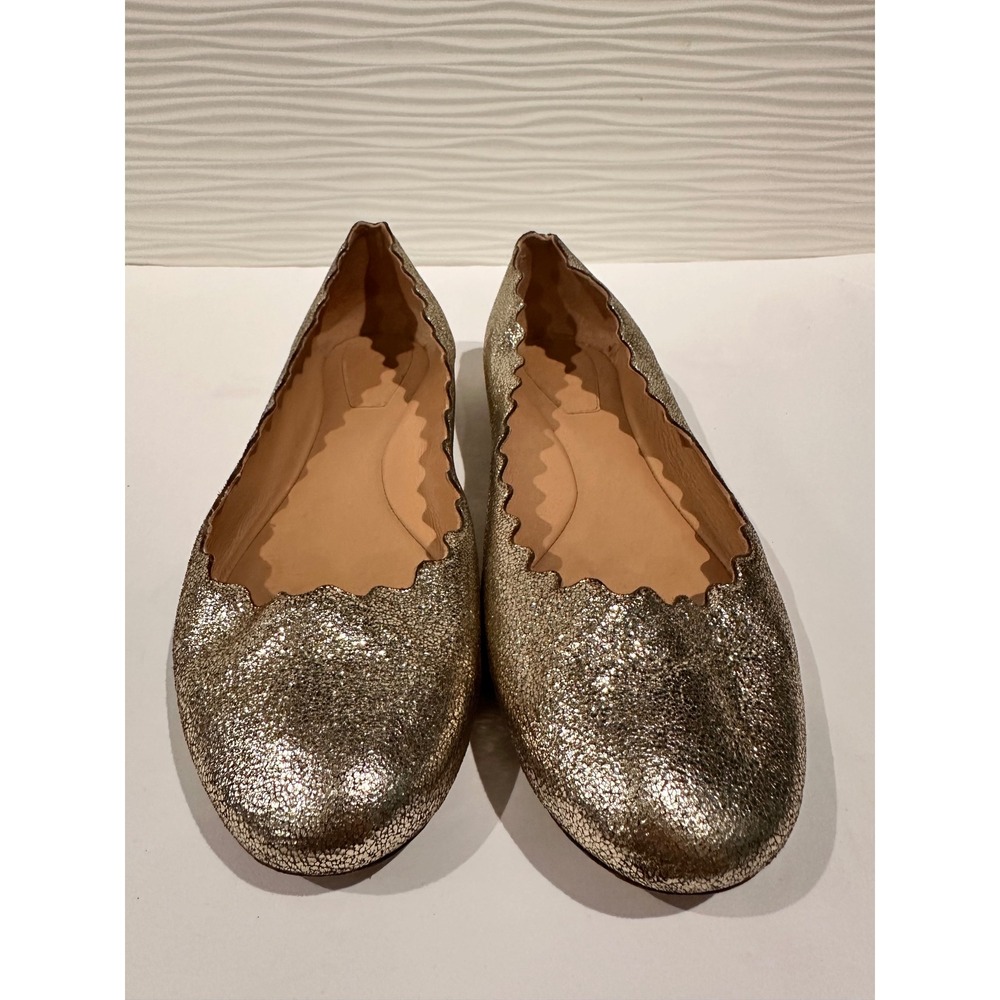 Chloe Lauren‎ Ballet Flats Womens 38.5 Gold Scalloped Metallic Leather - Picture 2 of 6